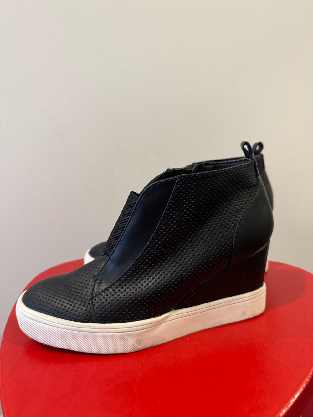 MIA Black Perforated Wedge Sneakers with White Sole